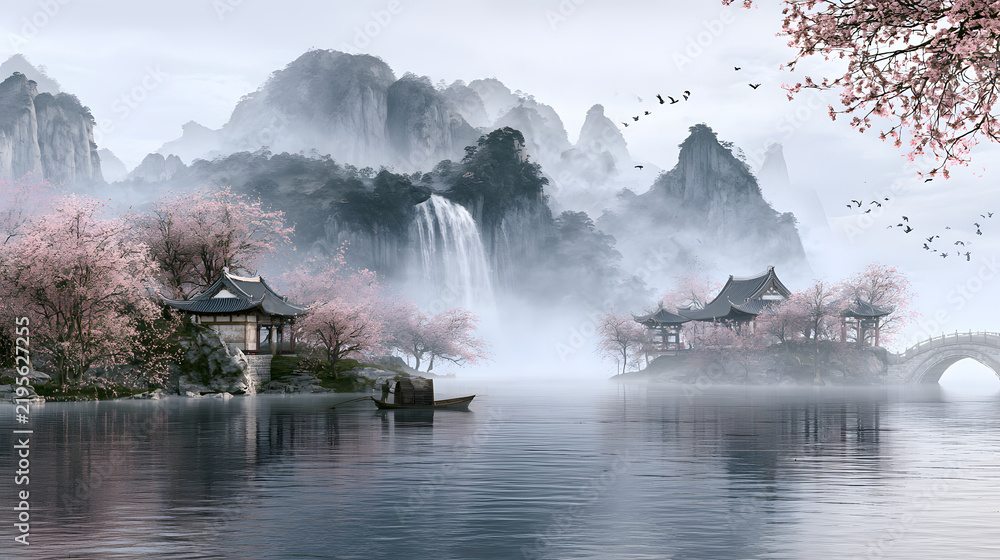 Naklejka premium Chinese landscape backdrop featuring a lake and mountain scenery, painted in Japanese watercolor with waterfall, hills, cherry blossom trees, Chinese temples, boat, bridge, and birds. Suitable for wal
