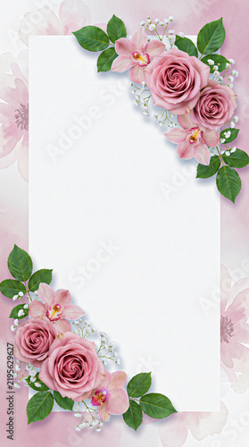 Pink Floral Frame Background with Roses and Copy Space for Wedding Invitation Card Template
