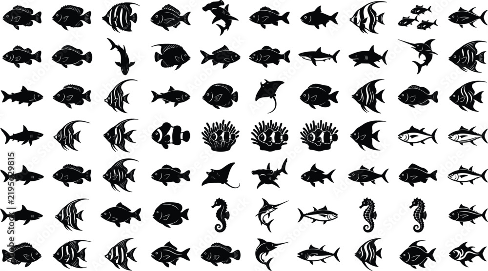 Obraz premium Comprehensive tropical reef fish and marine life solid black silhouette icon collection featuring coral sharks stingrays clownfish seahorses and ocean fishes isolated on white background