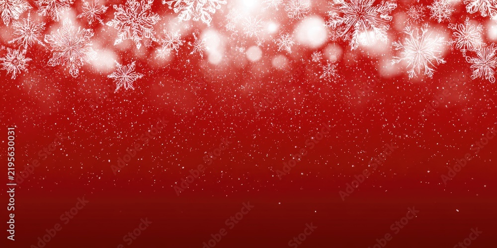 Obraz premium Red festive background with white snowflakes and sparkling light effects creating a winter holiday atmosphere.
