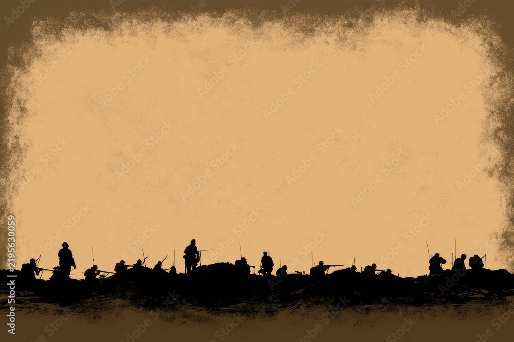 Obraz premium Silhouettes of soldiers with rifles advancing over a rough terrain against a sepia background with a grunge border.