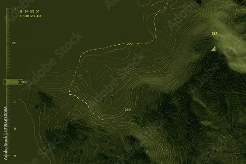 Topographic map showing elevation contours and coordinates, depicting mountainous terrain with peaks marked by altitude measurements.
