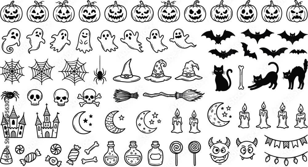 Obraz premium Halloween spooky element vector icon collection featuring pumpkins ghosts bats spiders skulls witches hats black cats and haunted house silhouettes