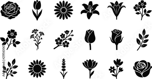Minimalist solid black silhouette flower icon collection featuring roses tulips lilies lavender sunflower and botanical leaves isolated on flat white background