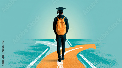 A student wearing a graduation cap and backpack stands at a crossroads, symbolizing choices and future paths.