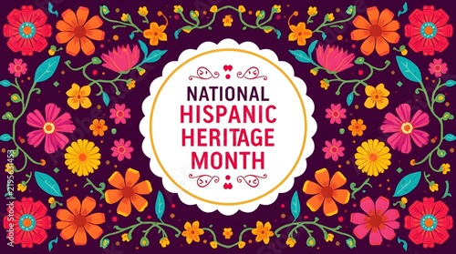 National Hispanic Heritage Month Banner with Colorful Mexican Style Floral Pattern
