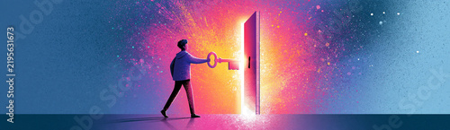 A person is holding a large key, unlocking a glowing door surrounded by vibrant light and cosmic particles.