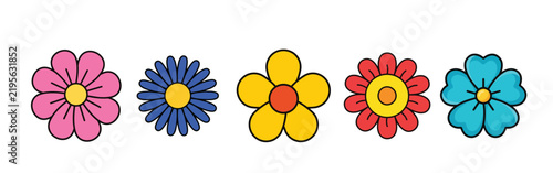 Colorful Flower Vector Collection with Sunflowers, Daisies and Green Leaves Isolated on White Background for Spring, Summer, Floral Design and Nature Decoration