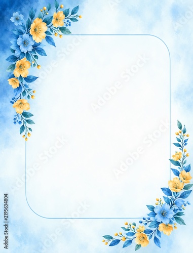 Elegant blue and golden floral border frame with soft watercolor background and spacious copy space
