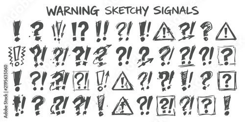 Set of hand drawn sketch style warning signs with exclamation marks and question marks for design projects