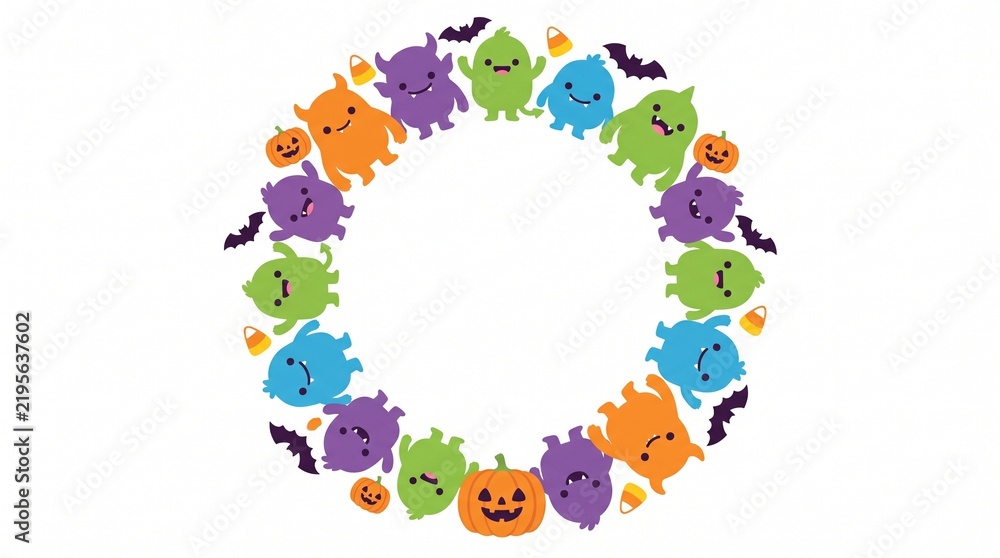 Fototapeta premium Colorful Halloween Wreath Frame Design With Cute Spooky Monsters And Copy Space Isolated On White Background