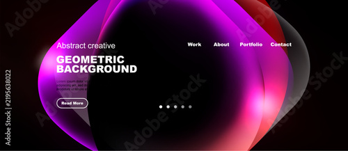 Dark background features vibrant abstract shapes, text elements, navigation menu. Modern design suggests website header or banner.