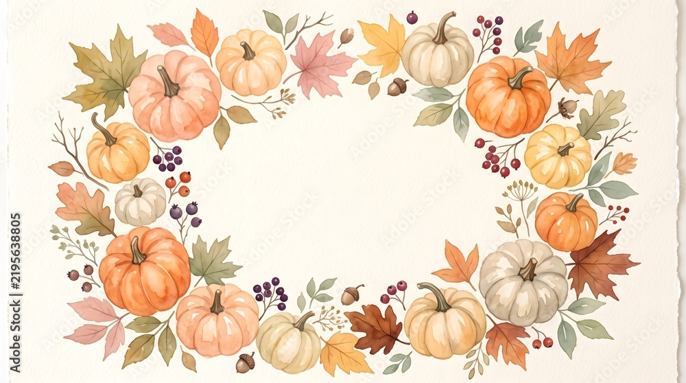 Fototapeta premium Watercolor autumn wreath with pumpkins and fall leaves for seasonal thanksgiving and harvest holiday card design