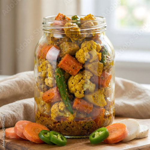Traditional mixed vegetable pickle in glass jar with spicy carrots cauliflower green chili and radish slices on wooden board for culinary preparation and delicious homemade condiment food