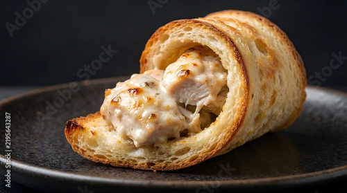 Delicious baked bread roll stuffed with creamy chicken filling and melted cheese served on a dark plate ready for eating during a gourmet meal with warm lighting close shot savory tender