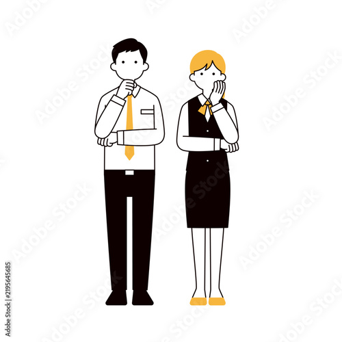 Naklejka 腕を組んで考える、男性社員と制服を着た女性社員の全身ベクターイラスト素材セット＿シルエット