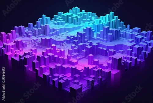 3D isometric glowing abstract digital city landscape with neon purple and blue geometric building blocks.