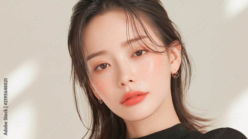Fototapeta premium 美容, 女性, スキンケア, 化粧品, ビューティー, 若い女性, 美肌, 日本人, アジア人, フェイシャル, メイク, 美容液, 保湿, クリーム, エイジングケア, 美容医療, エステ, 美容クリニック, 肌ケア, ナチュラルメイク, 透明感, ツヤ肌, モデル, 笑顔, ポートレート, クローズアップ, リラックス, 癒し, 健康的, 美白, コラーゲン, ヒアルロン酸, アンチエイジング