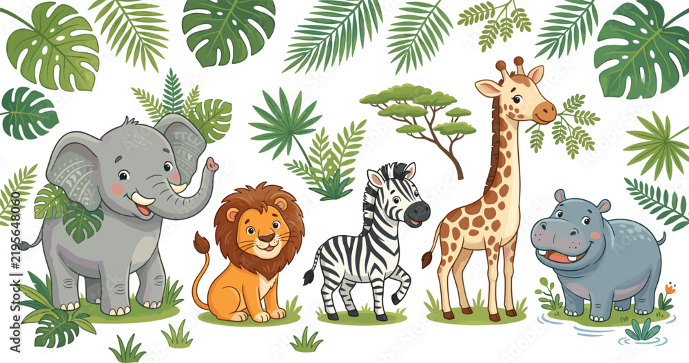 Obraz premium Cute Safari Animals Clipart Set Featuring Cartoon Elephant Lion Zebra Giraffe and Hippo with Tropical Jungle Monstera Leaves Vector Graphic Illustration