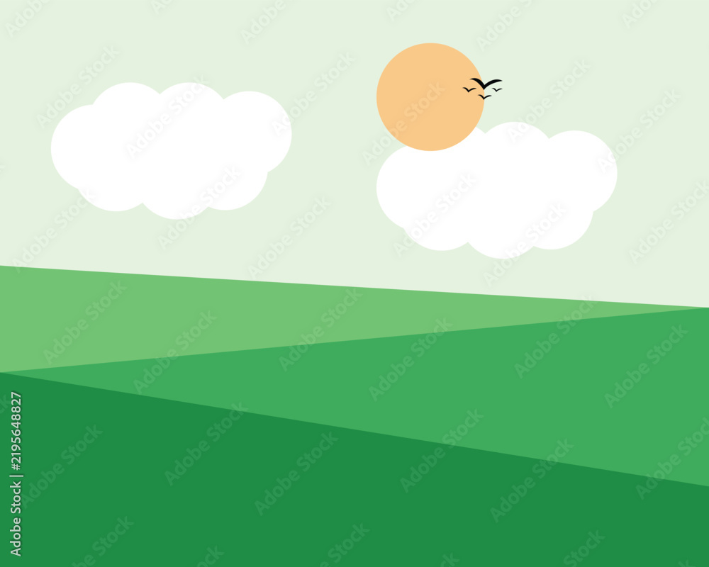 Obraz premium Abstract minimalist landscape with sun, mountains, and flying birds, horizontal wall art background
