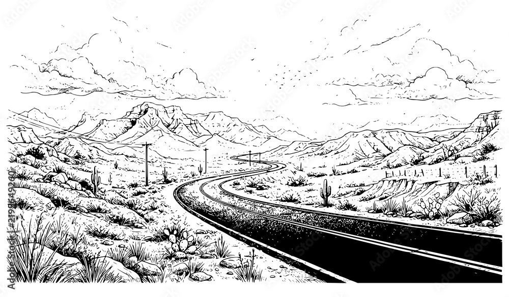 Obraz premium Desert Highway Line Illustration Scene, Mountain Road Outline Drawing with Cactus Power Lines and Desert Landscape Design