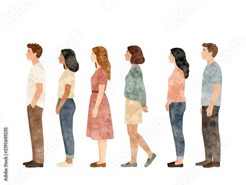 Watercolor illustration of diverse young men and women standing in a row profile view, representing multicultural community, friendship, fashion, and social equality.