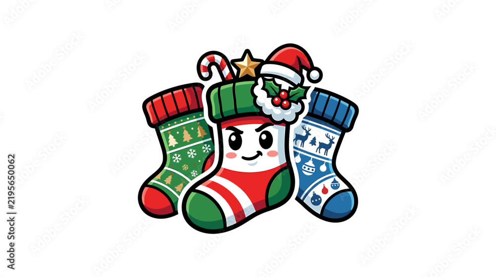 Fototapeta premium HappyCartoonChristmasStockingsWithFriendlyCharacters.