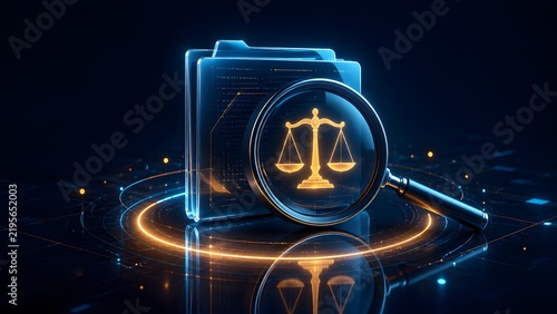 Legal audit and compliance analysis concept with digital folder and scales of justice magnifying glass