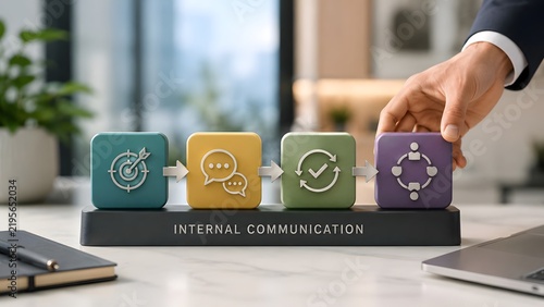 Internal communication business strategy steps with colored process blocks on office desk