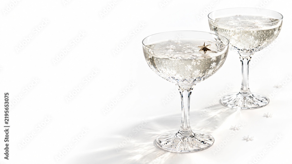 Obraz premium Two crystal champagne coupe glasses filled with sparkling wine on white