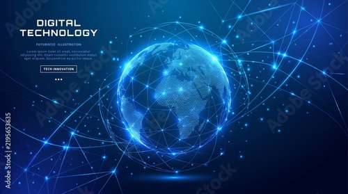 Фотография Digital world globe with glowing network connections, orbital lines and illuminated dots positioned left on dark blue background with copy space
