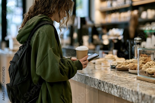 Young woman drinking coffee and using smartphone