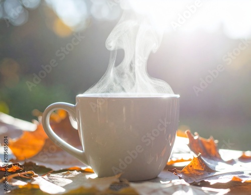 Steaming Hot Drink with Autumn Leaves in Golden Sunlight