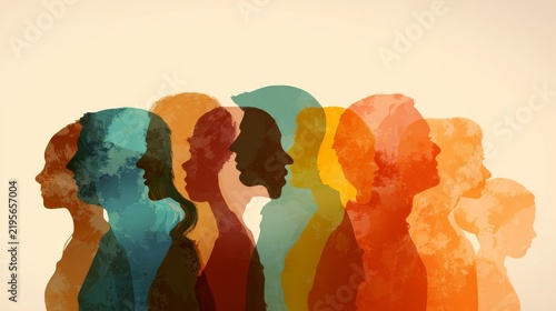 Diverse group of multicultural and multiethnic people silhouettes representing inclusion, equality, unity, community, cultural diversity, social connection, and global human togetherness