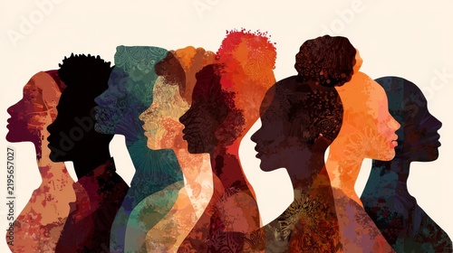 Diverse group of multicultural and multiethnic people silhouettes representing inclusion, equality, unity, community, cultural diversity, social connection, and global human togetherness