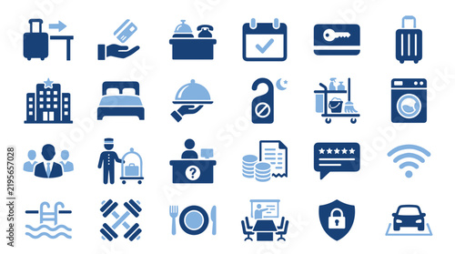 Set of modern blue hotel and travel service icons isolated on white background