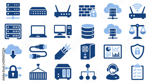 Set of blue network and information technology icons isolated on white background