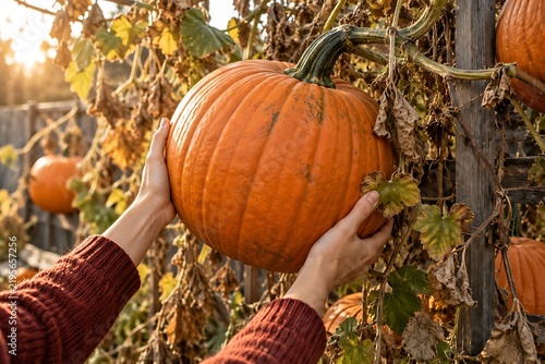 Hands of a person harvesting a large orange pumpkin in a sunny vegetable garden during autumn season