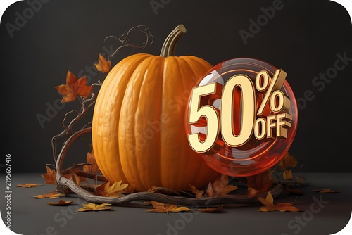 Orange pumpkin with a gold fifty percent off sale sign for autumn seasonal discount promotions