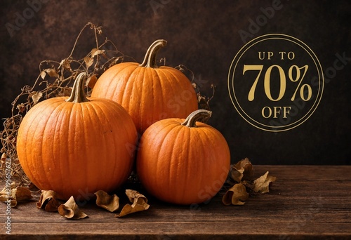 Three ripe orange pumpkins sitting on a wooden surface with a seventy percent off autumn sale sign