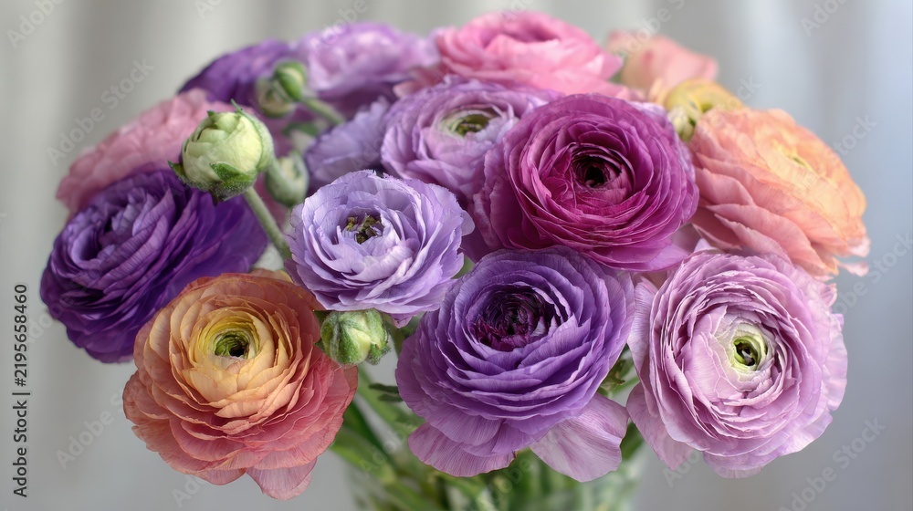 Fototapeta premium Ranunculus bouquet, spring, photo, women's day, mother's day, date, flowers, march 8, purple, pink