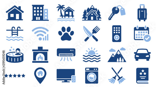 Set of travel and hotel amenity icons for booking accommodation and vacation services