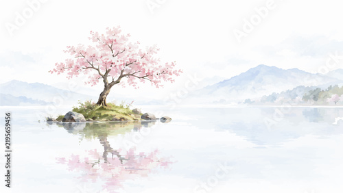 Peaceful Watercolor Landscape with Flowering Trees, Calm Lakes, Mountain Reflections and Serene Spring Nature Scenery