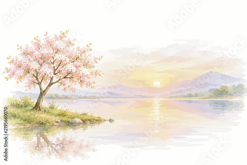 Peaceful Watercolor Landscape with Flowering Trees, Calm Lakes, Mountain Reflections and Serene Spring Nature Scenery