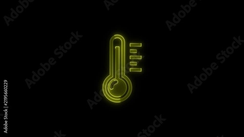 Neon thermometer icon with glowing yellow light effect on black background for temperature and weather motion graphics.