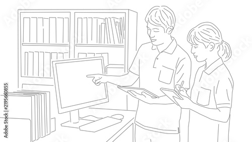 介護シリーズ：介護施設ホームで書類をチェックするラインアート