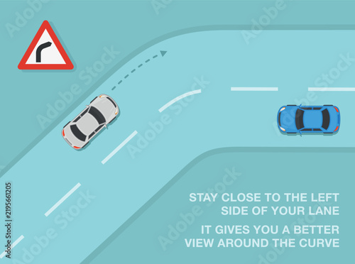 Safe driving and traffic regulation rules. Curved road with a 