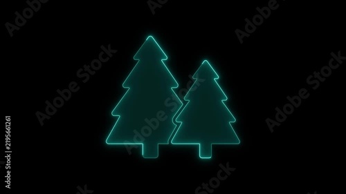 Glowing cyan neon outline of two coniferous trees on black background digital animation for holiday seasonal video clips.