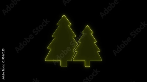 Two pine trees in a neon light outline animation on a black background holiday christmas motion graphic clip.