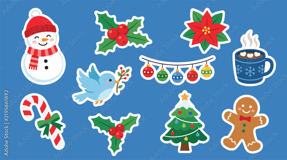 Naklejka premium Christmas sticker set with 10 holiday icons, cute winter character vector illustrations, festive gingerbread man and snowman patches for scrapbooking